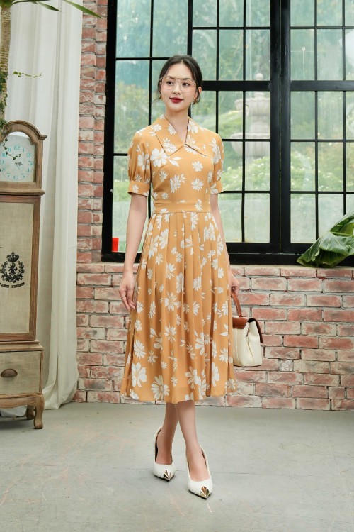 Sixdo Light Brown Floral Pleated MidiVoile Dress